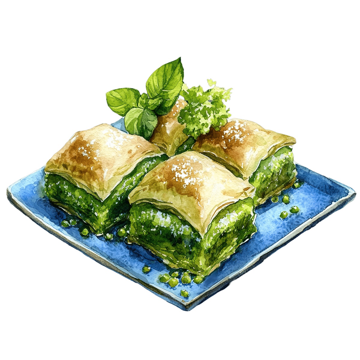 Baklava pieces with pistachio filling on a blue plate in watercolor style.