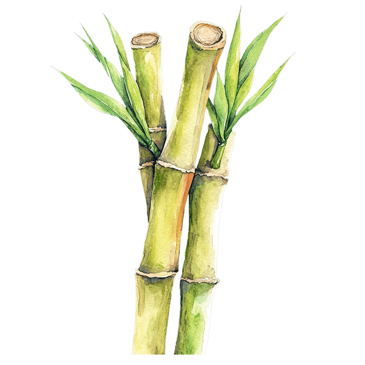 Watercolor bamboo stalks with green leaves.