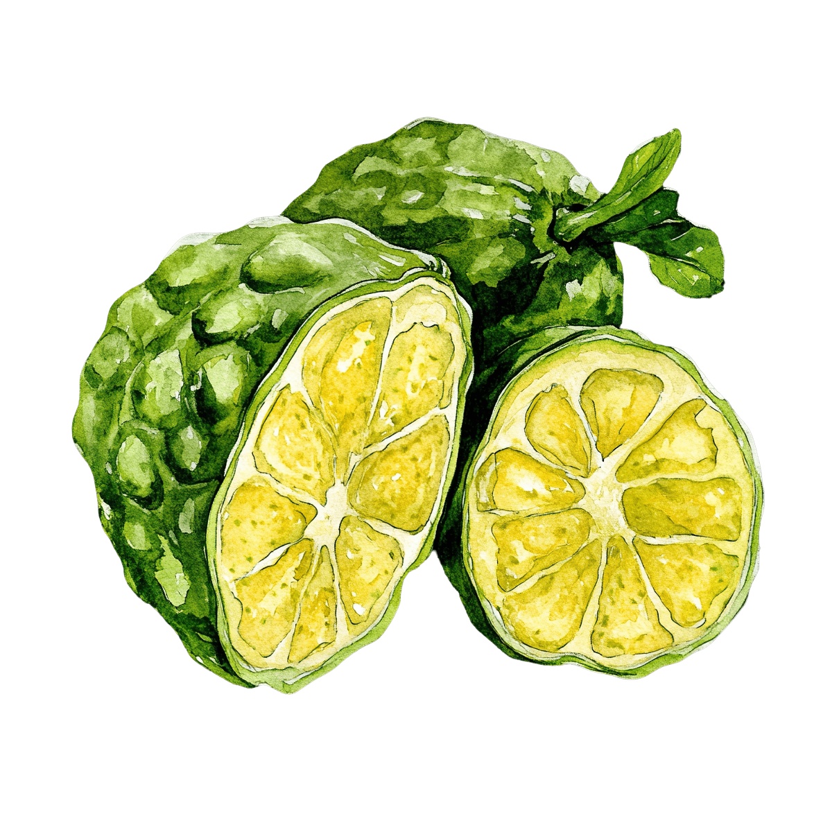 Watercolor depiction of bergamot limes with green skin and sliced interior.