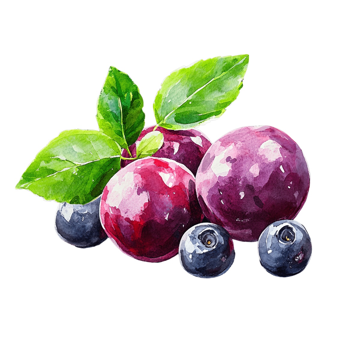 Watercolor berries and green leaves in vibrant colors.