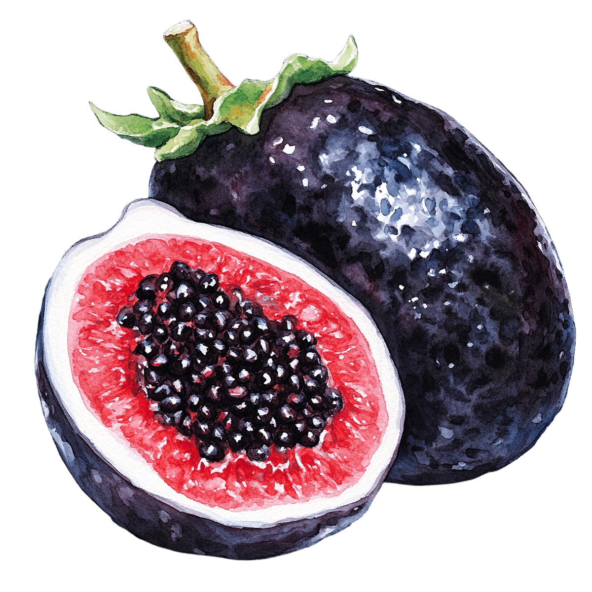 Watercolor art of black figs with red interior and seeds.
