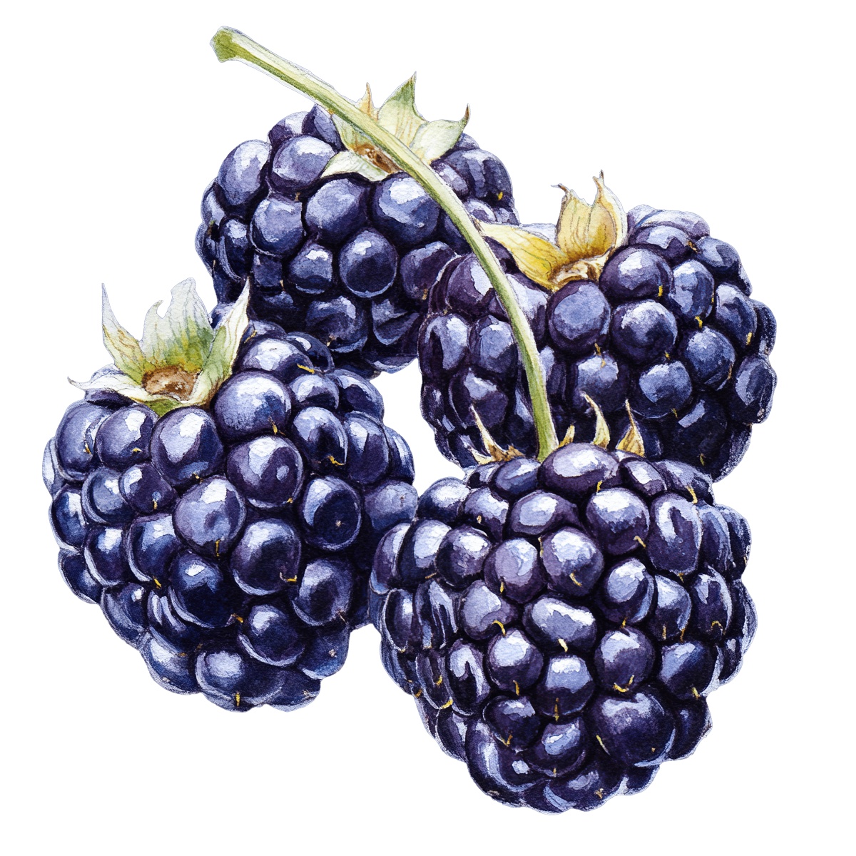 Watercolor blackberries with green stems, showing detailed texture and color.