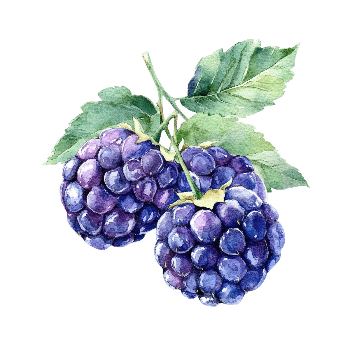 Watercolor blackberries with green leaves.