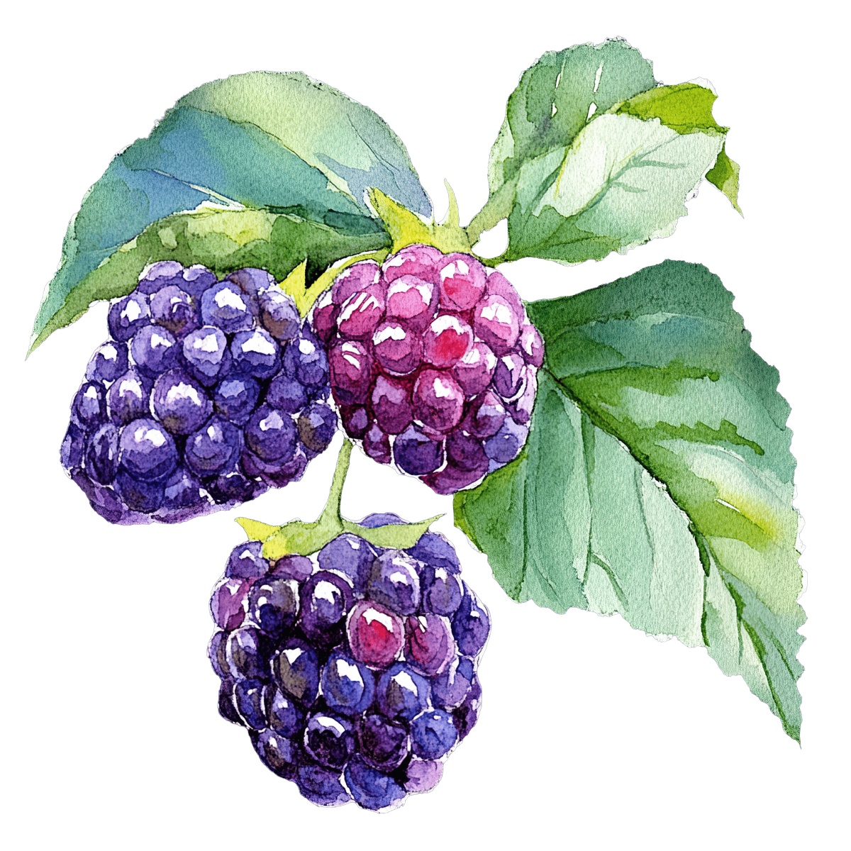 Watercolor blackberries with green leaves.