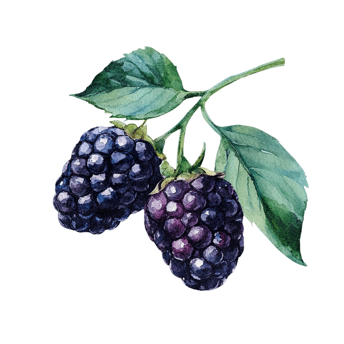 Watercolor blackberries with green leaves.