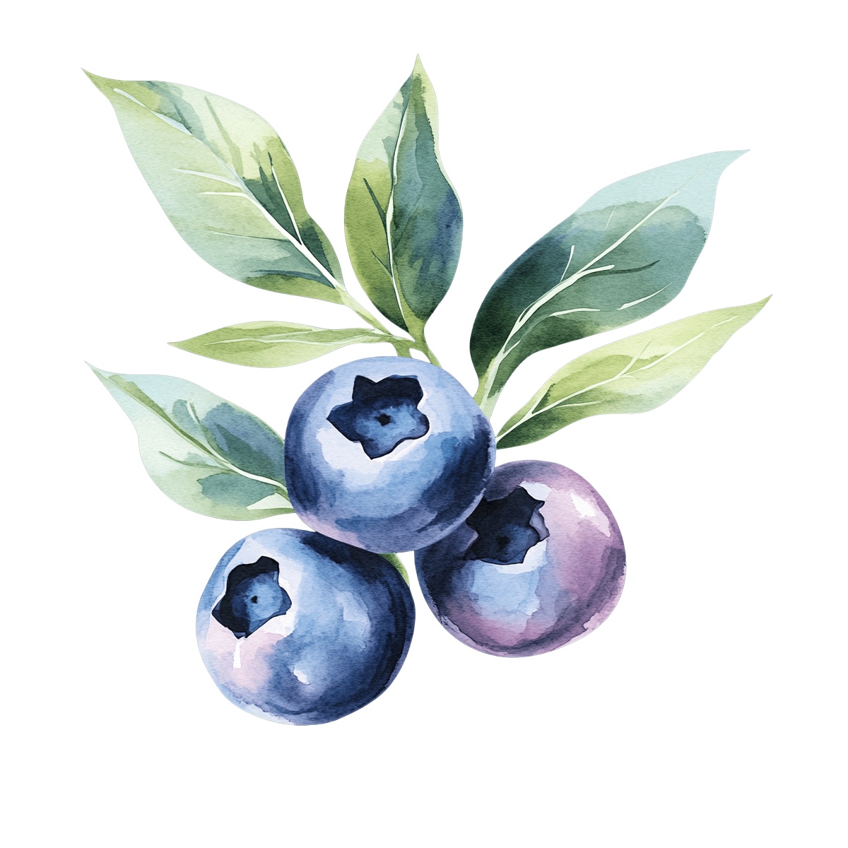 Watercolor blueberries with green leaves.