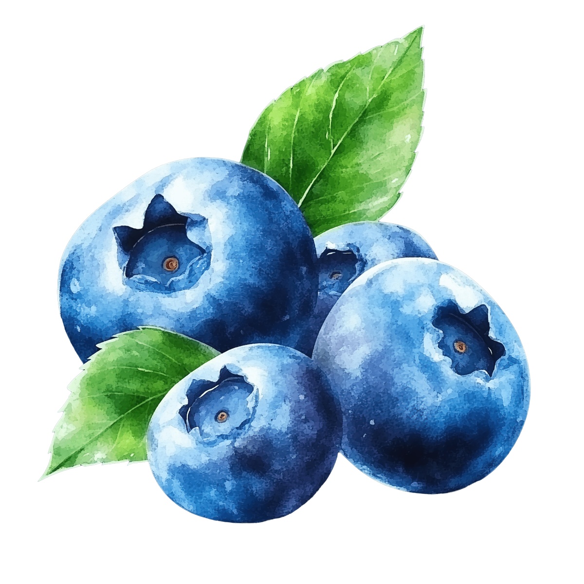 Watercolor blueberries with green leaves.