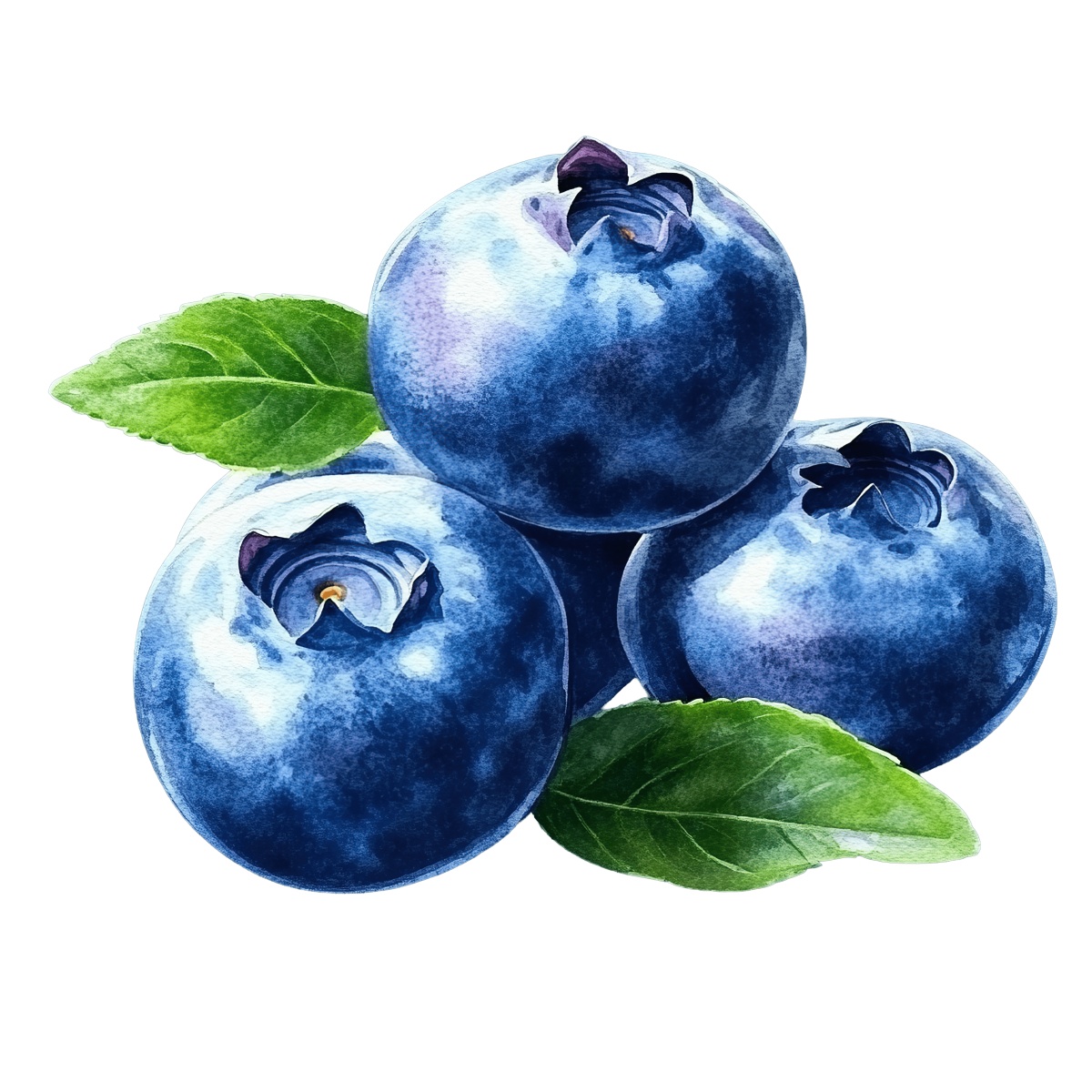 Watercolor blueberries with green leaves.