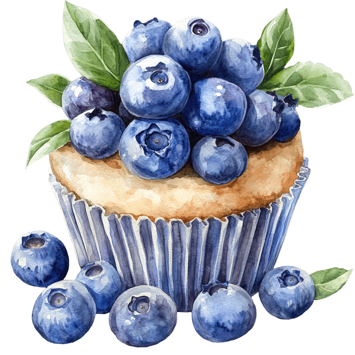 Watercolor cupcake topped with blueberries and green leaves.