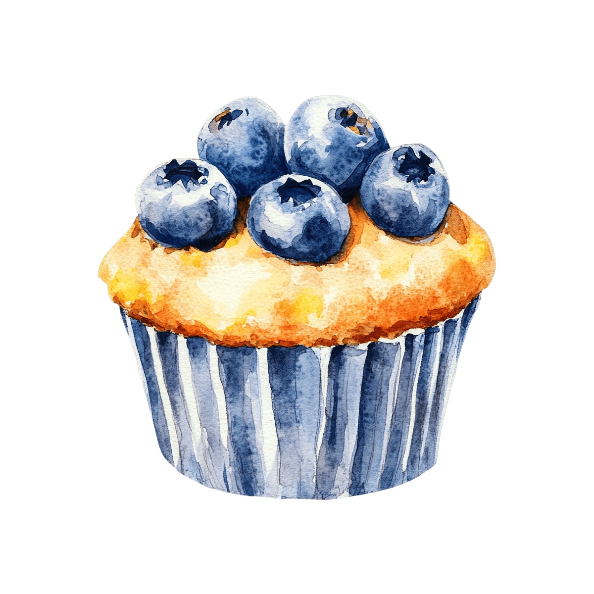 Watercolor art of a blueberry muffin with fresh blueberries on top.