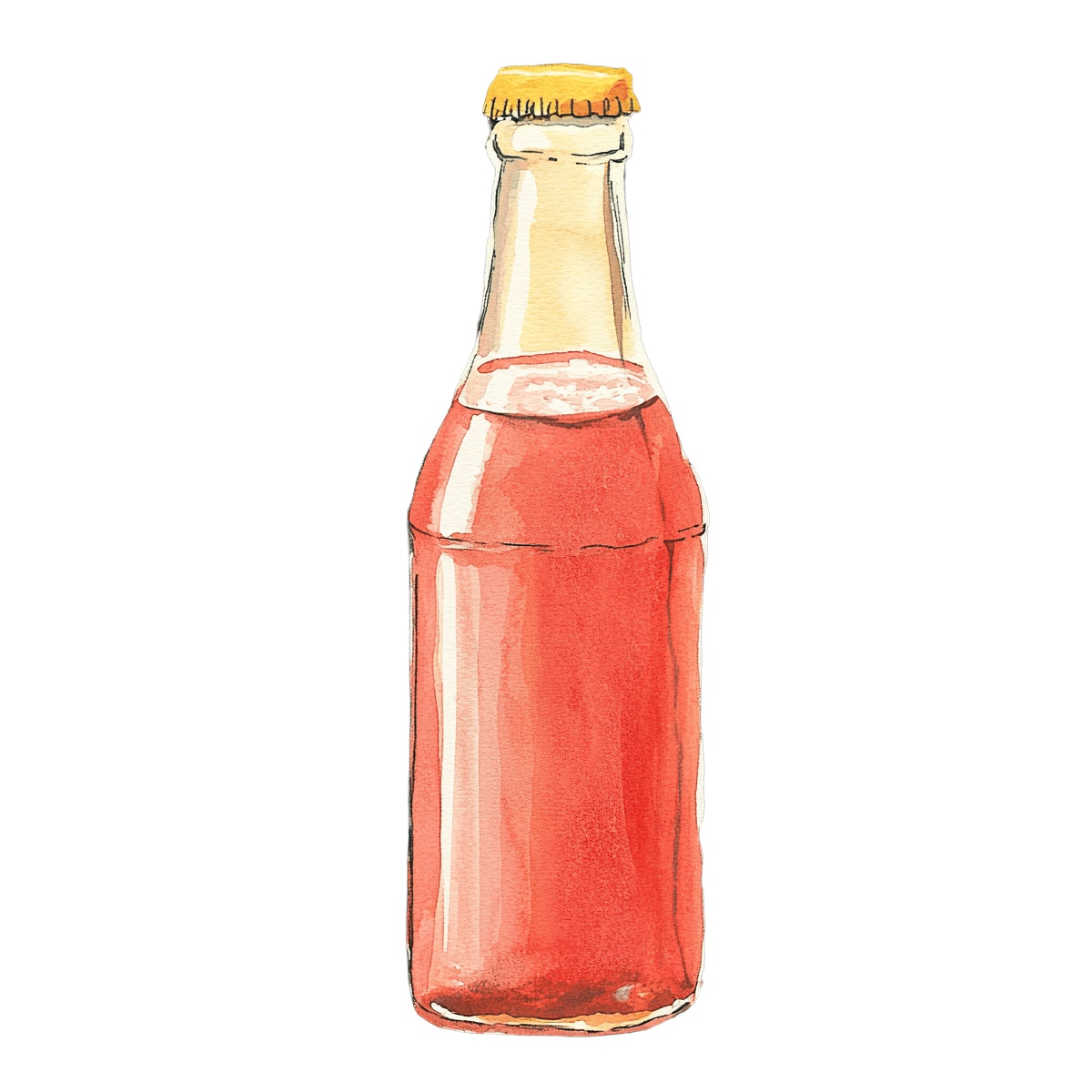 Watercolor image of a red beverage bottle with a yellow cap.