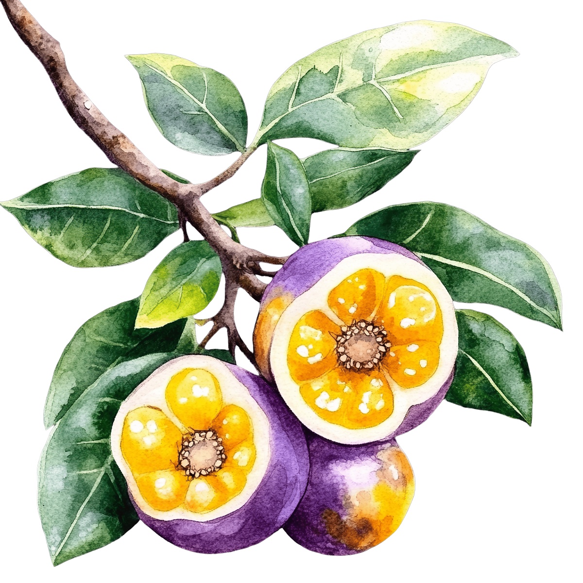 Watercolor art of purple and orange passion fruits with green leaves.