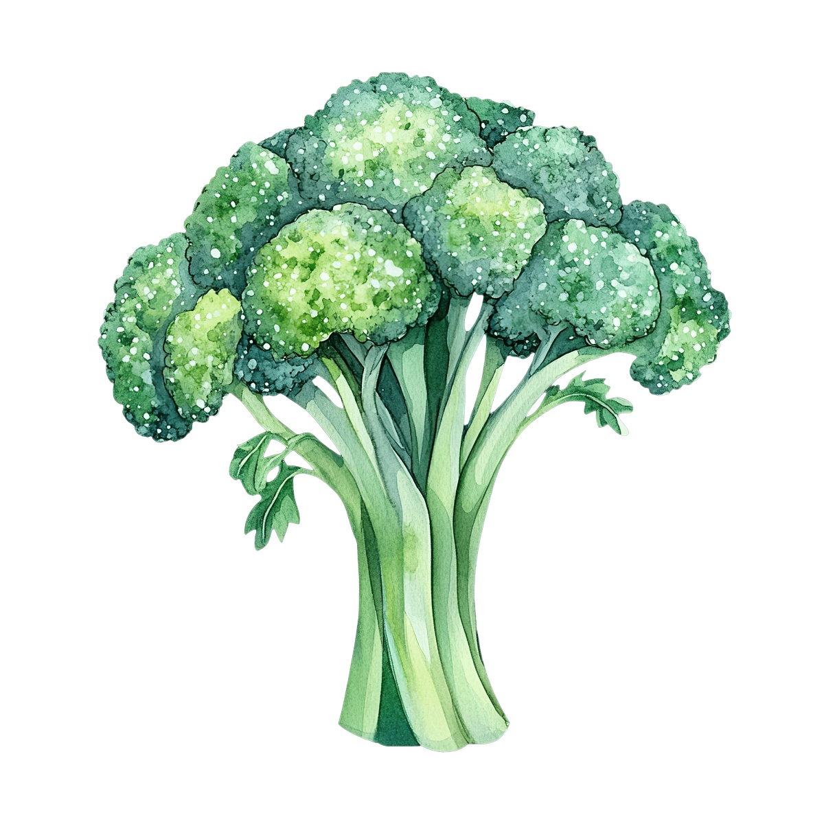 Watercolor broccoli with detailed green florets.