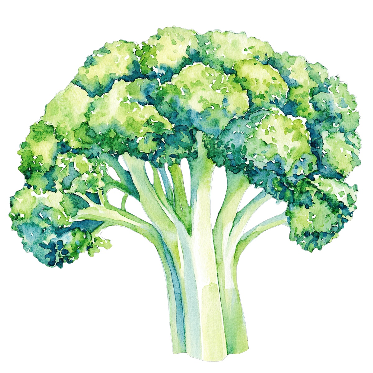 Watercolor broccoli clipart featuring detailed green florets and stems.