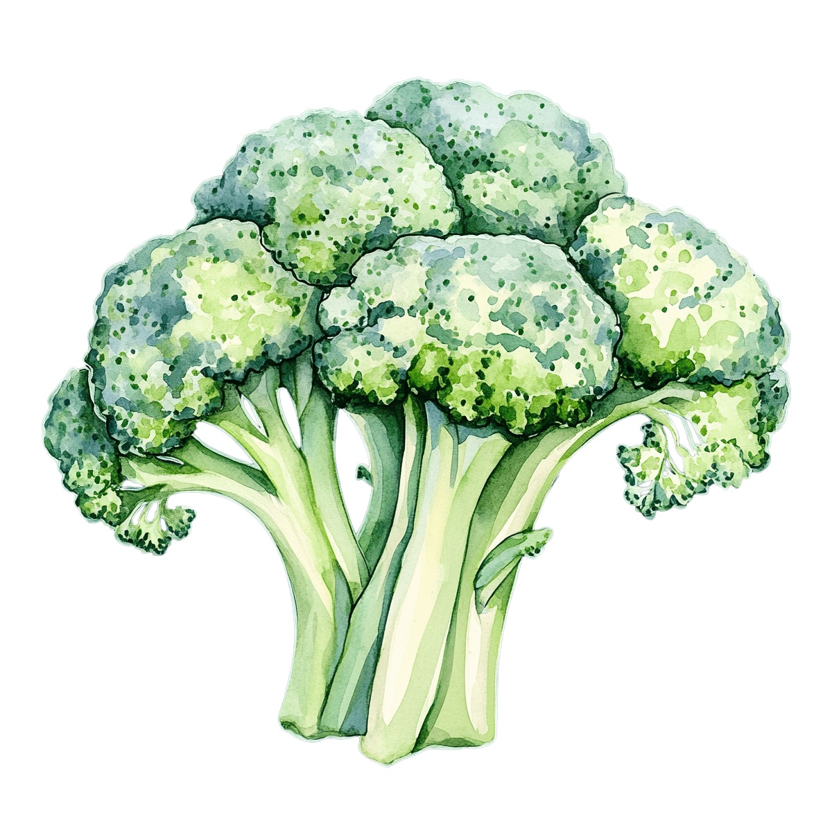 Watercolor art of broccoli with detailed green florets and stems.