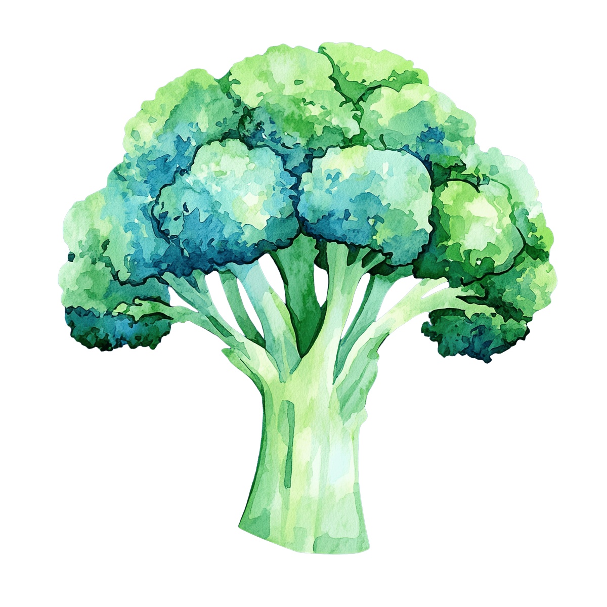 Watercolor art of broccoli with green and blue hues.