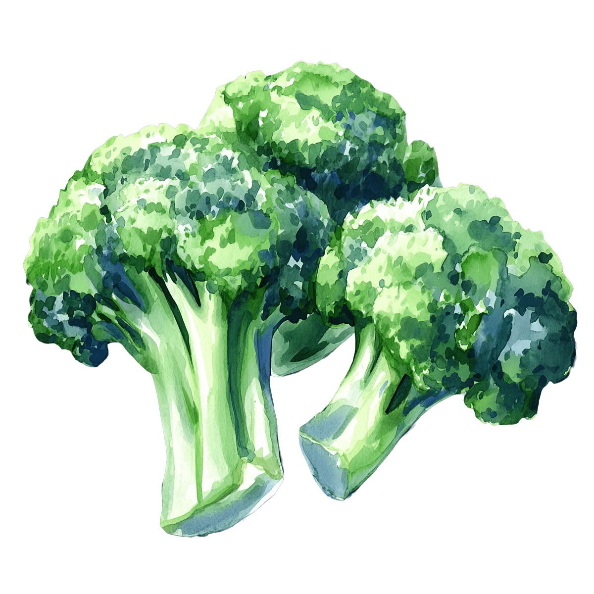 Watercolor broccoli clipart showing green florets and stems.