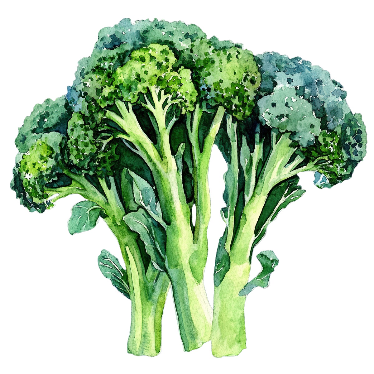 Watercolor art of broccoli stalks with green florets in detail.