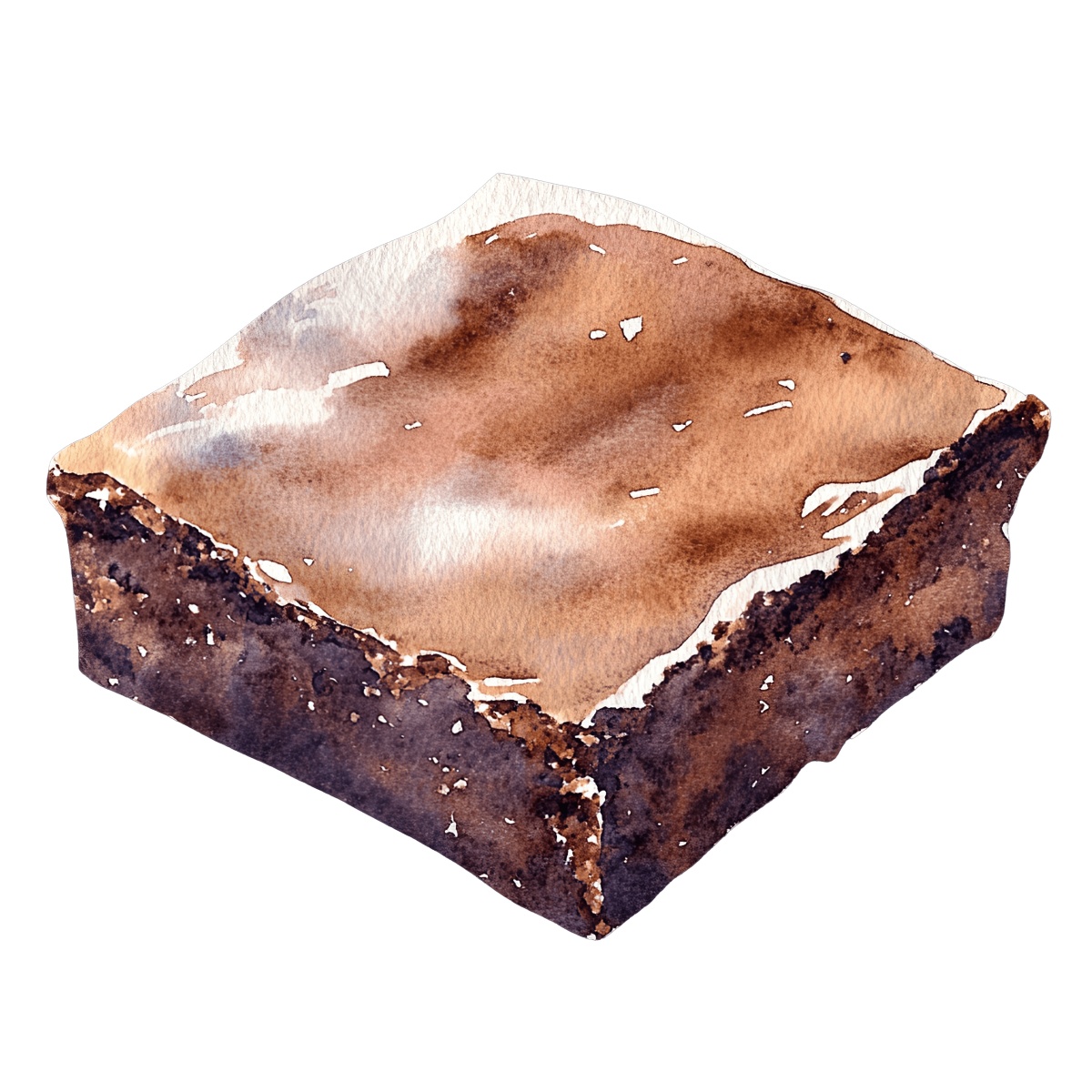 Watercolor art of a brownie square with rich chocolate texture.
