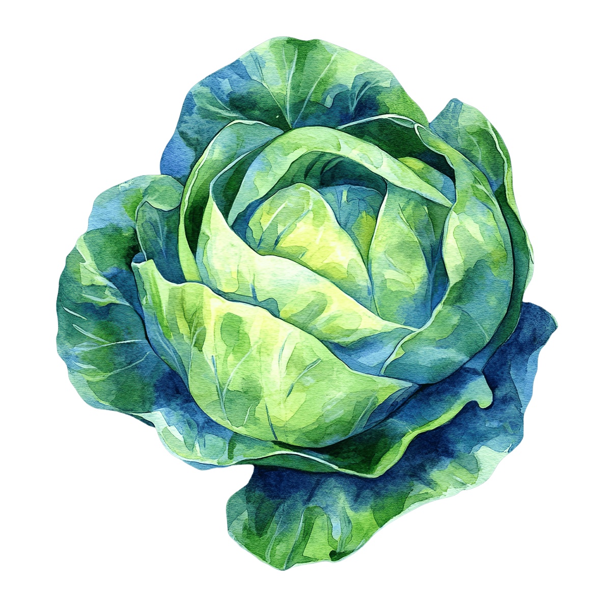 Watercolor cabbage with vibrant green leaves in detailed style.