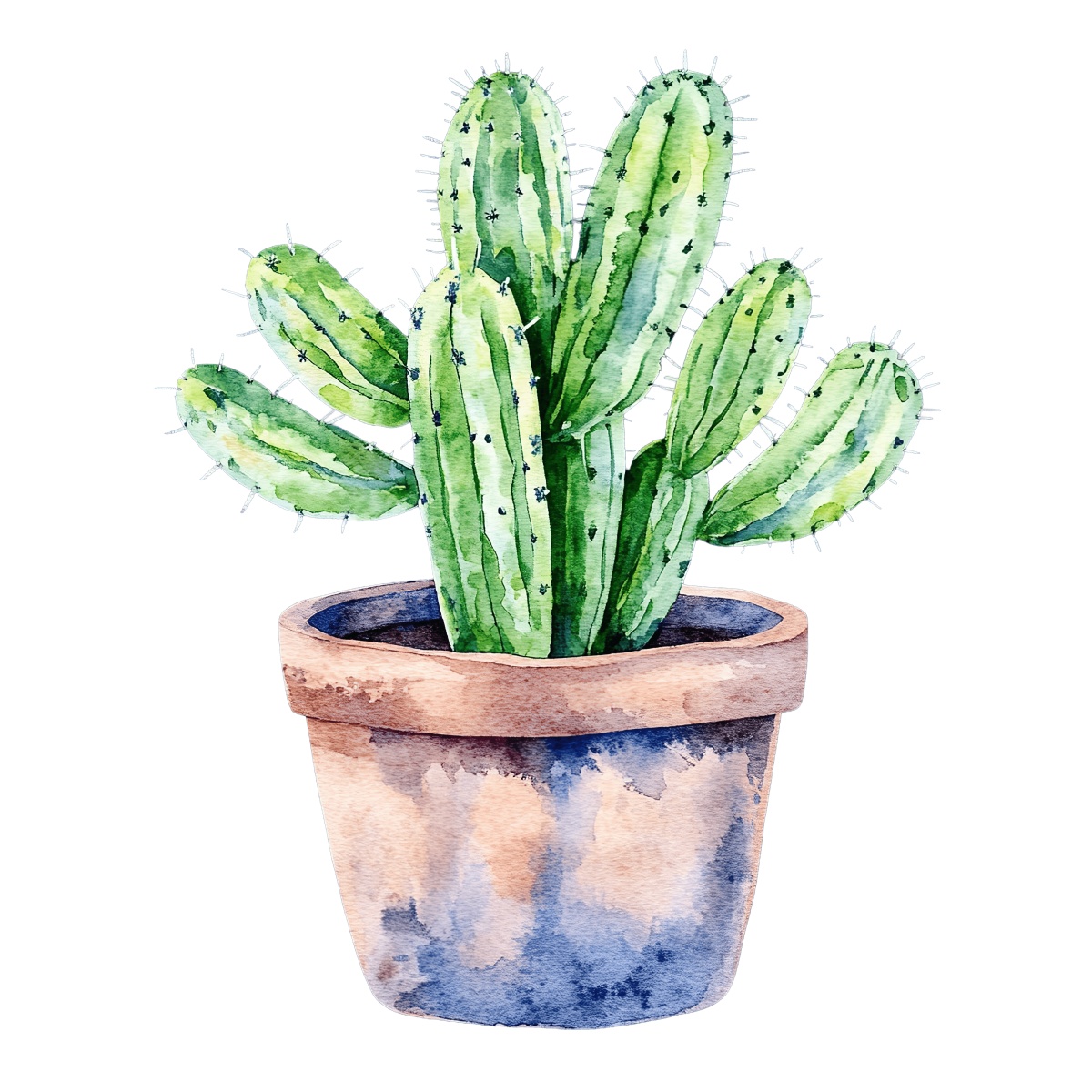 Green watercolor cactus in a clay pot on a black background.