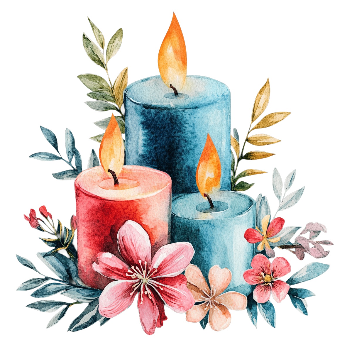 Watercolor illustration of candles with surrounding floral and leaf details.