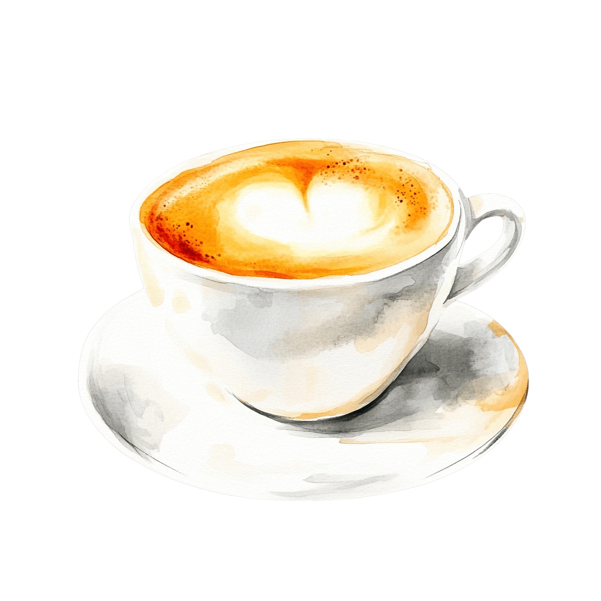 Watercolor cappuccino cup with heart-shaped foam art on a saucer.