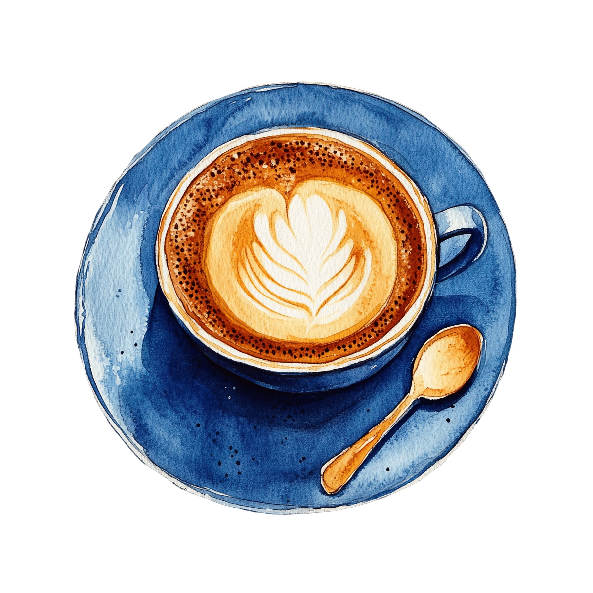 Watercolor cappuccino with latte art in a blue cup and saucer.