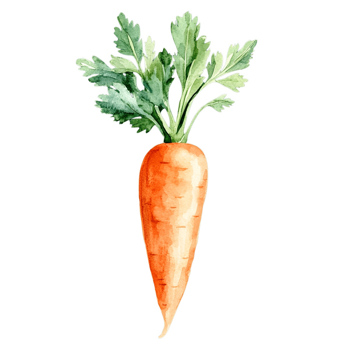 Watercolor carrot with green leaves.
