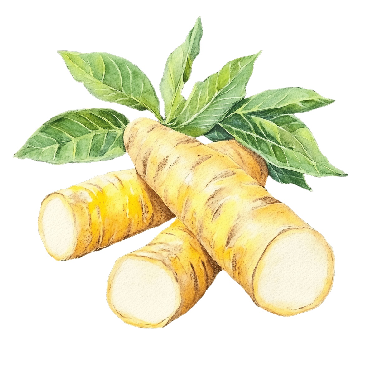 Watercolor depiction of cassava roots with green leaves.