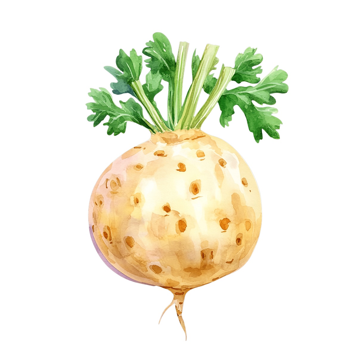 Watercolor celeriac root with green leaves.