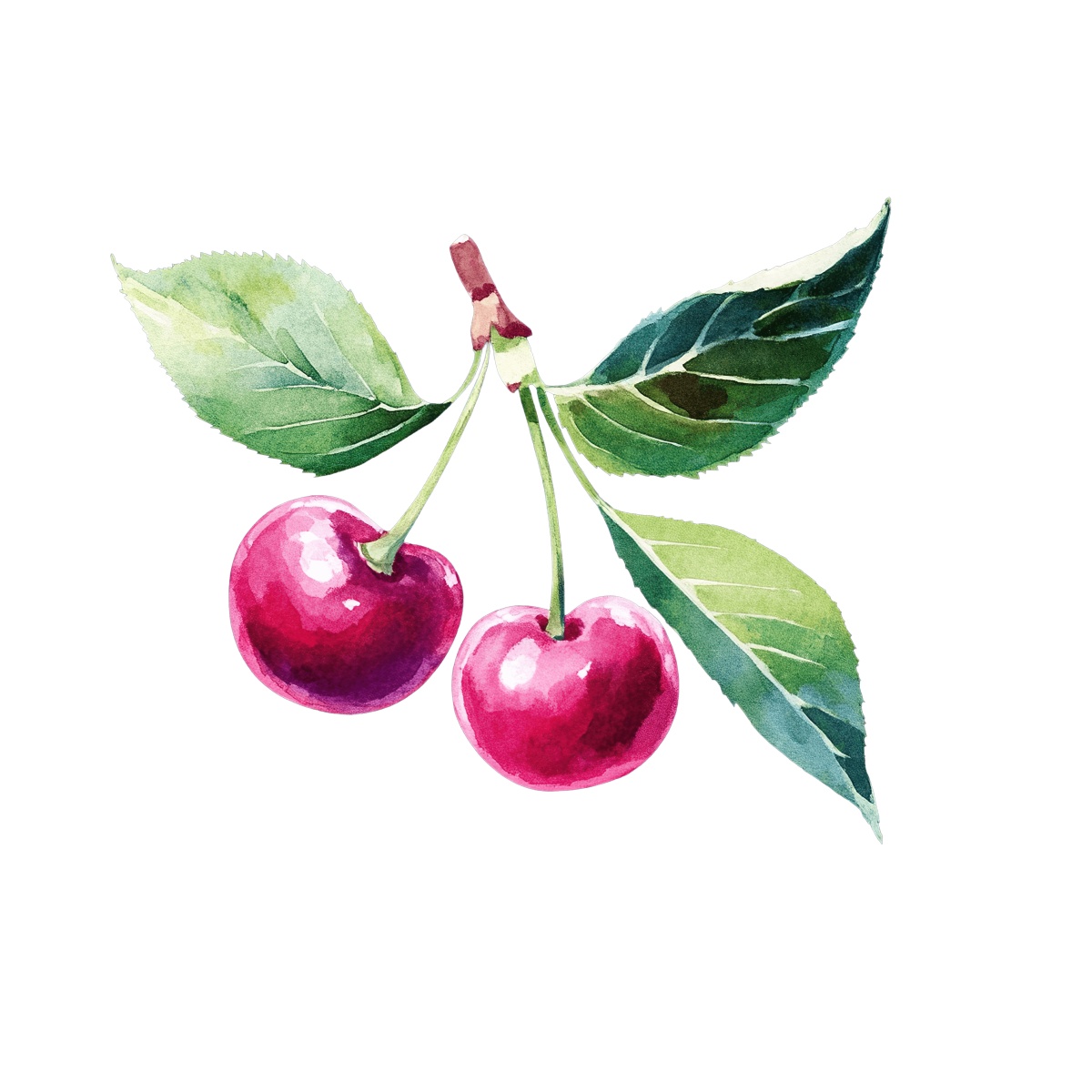 Two watercolor cherries with green leaves.