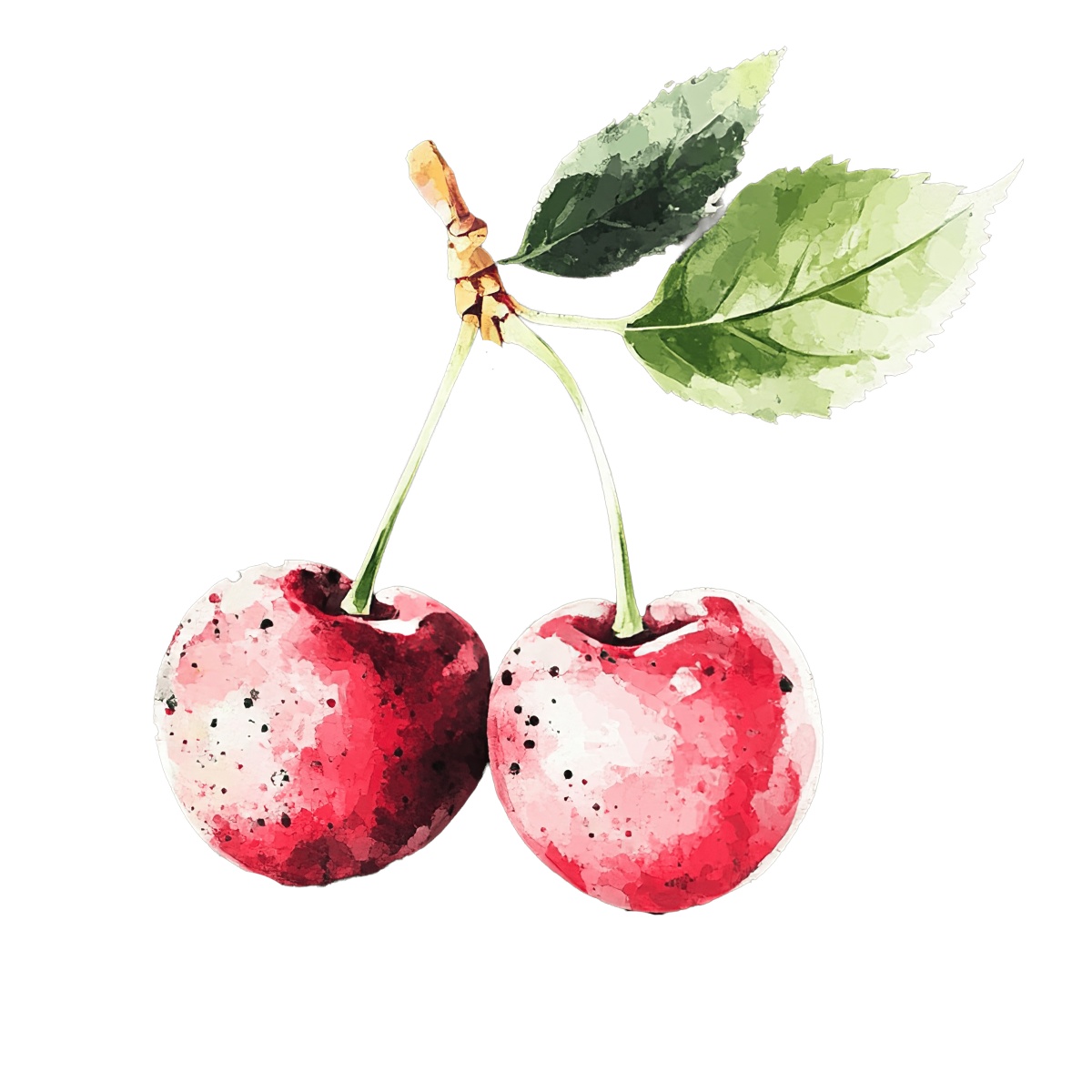 Two watercolor cherries with leaves.