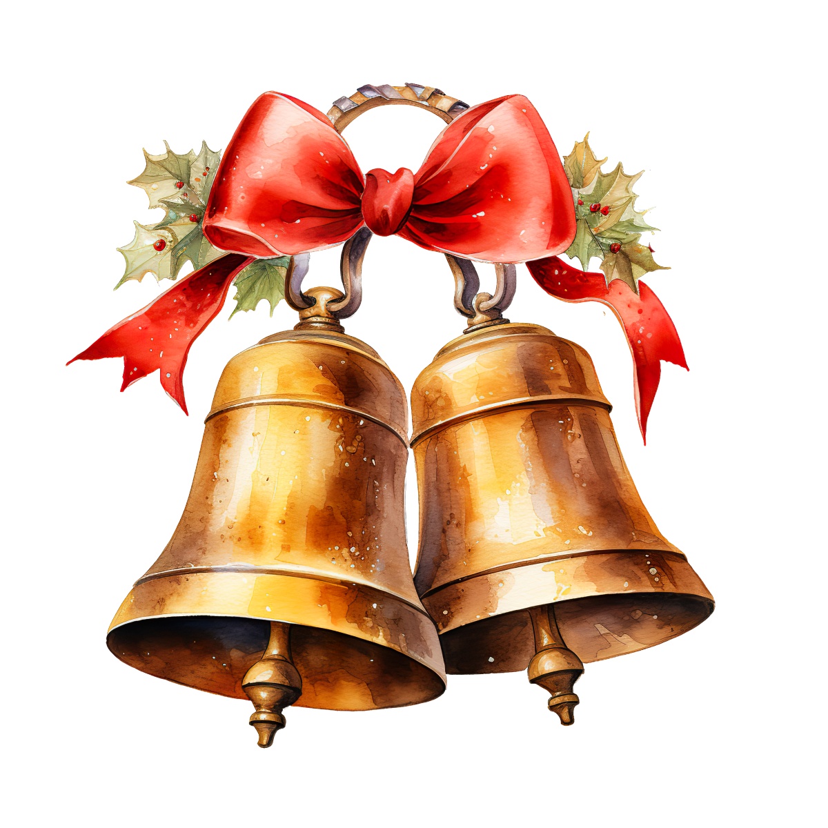 Brass bells with a red bow and holly leaves for holiday decor.