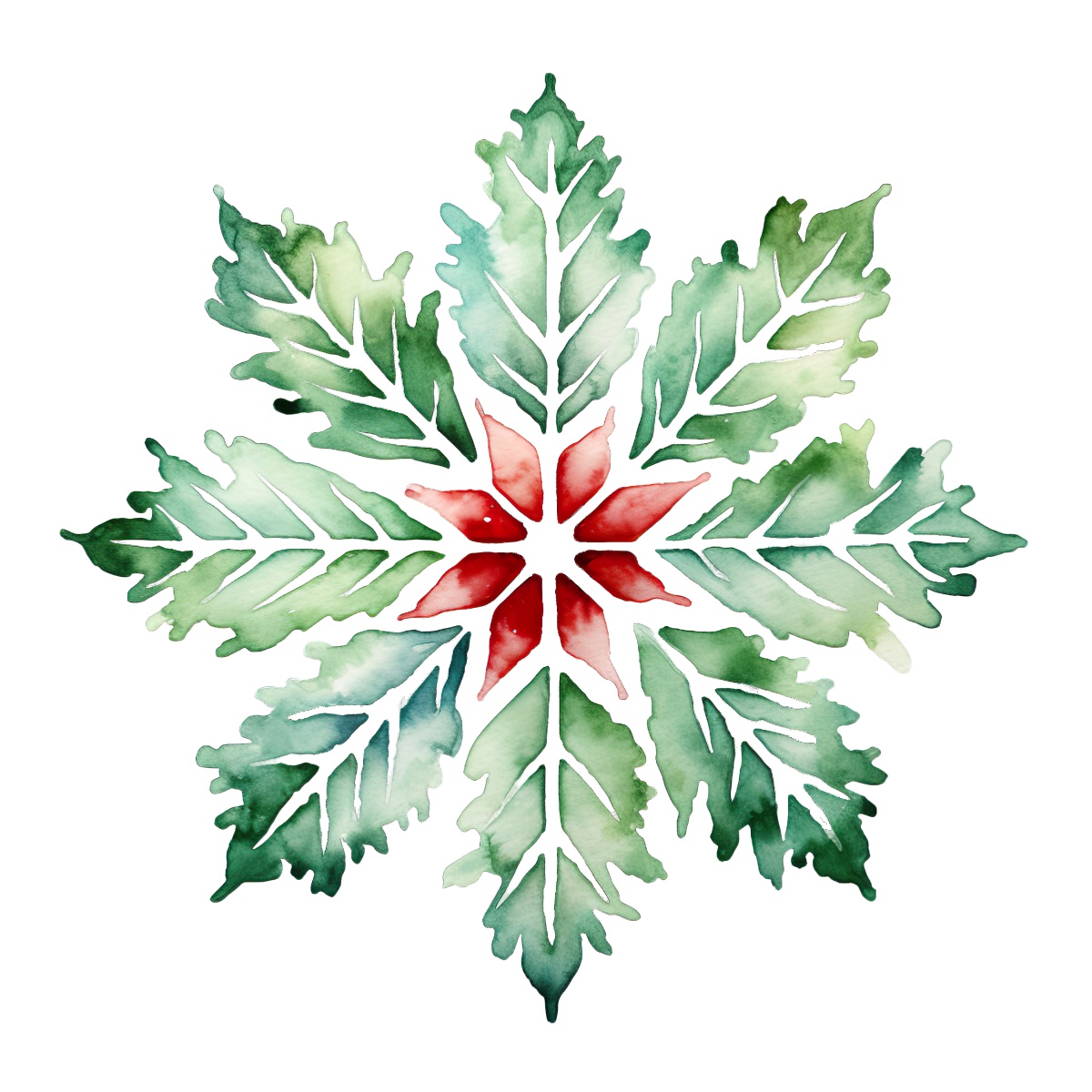 Watercolor snowflake design featuring green and red leaf pattern.