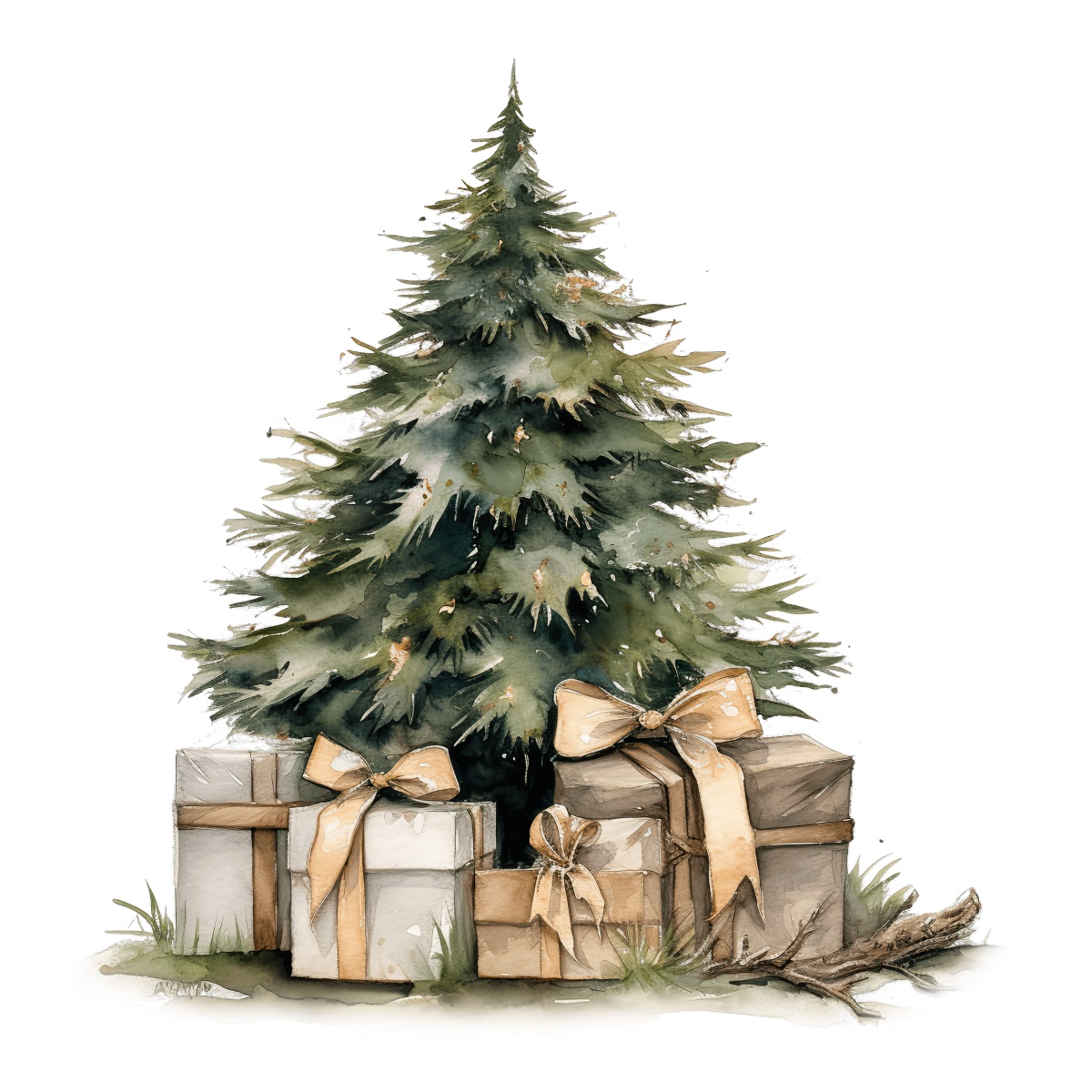 Christmas tree with several wrapped gifts below, decorated with ribbons.