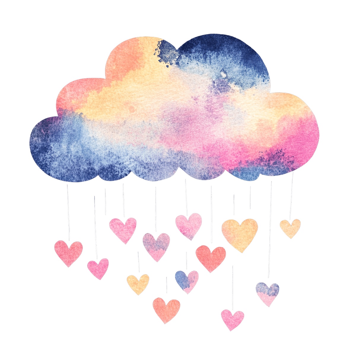 Watercolor cloud with colorful hearts hanging on a black background.
