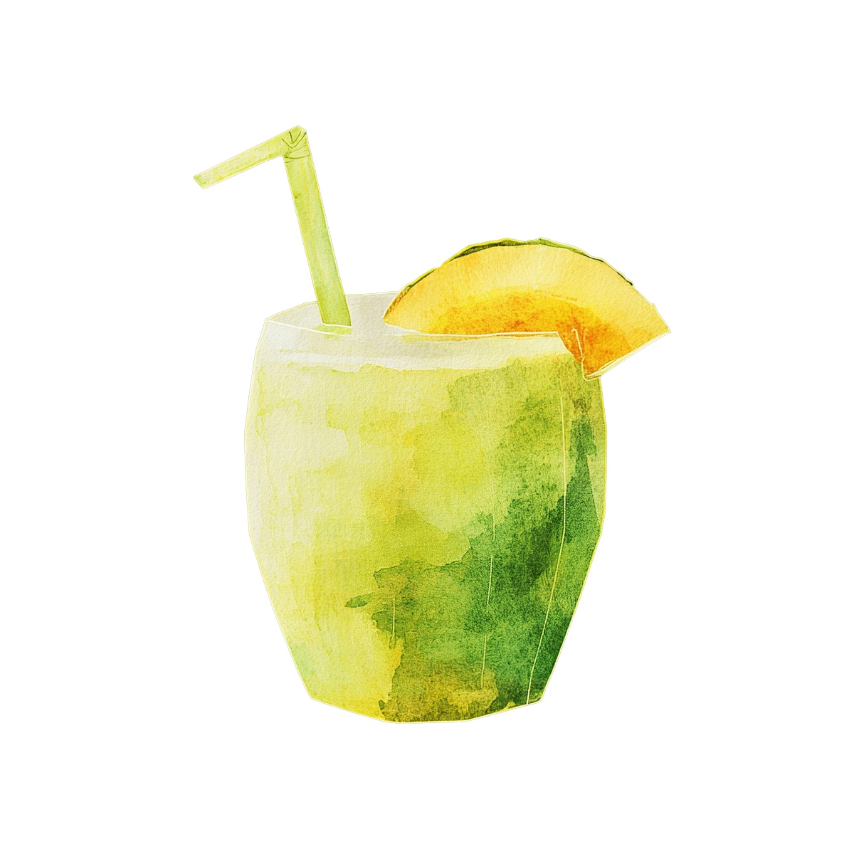 Watercolor coconut drink with a straw and orange slice.
