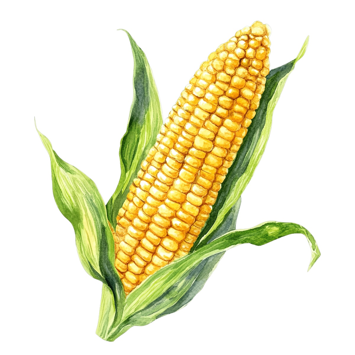 Watercolor corn on the cob with green husks.