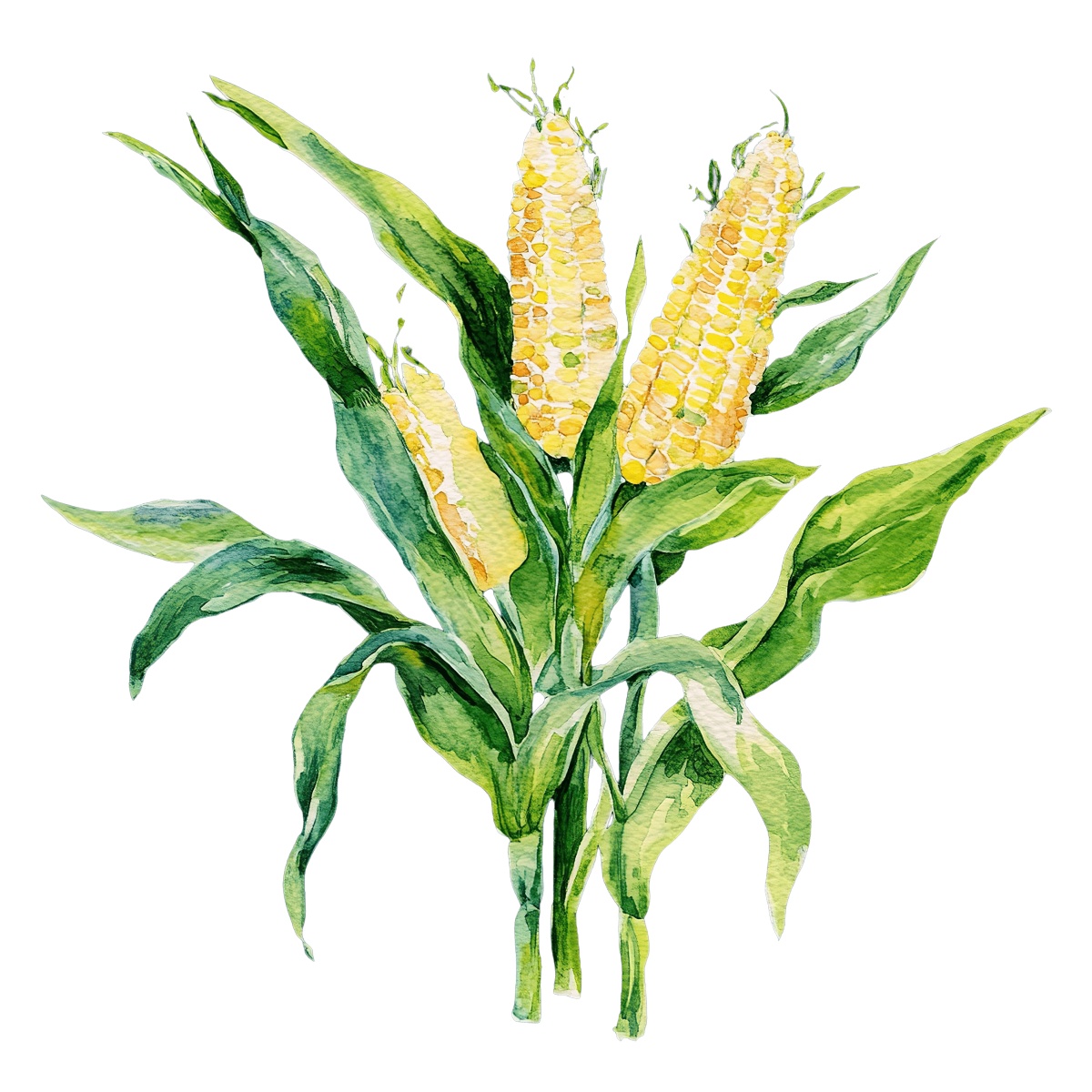 Watercolor corn stalks with green leaves and yellow cobs.