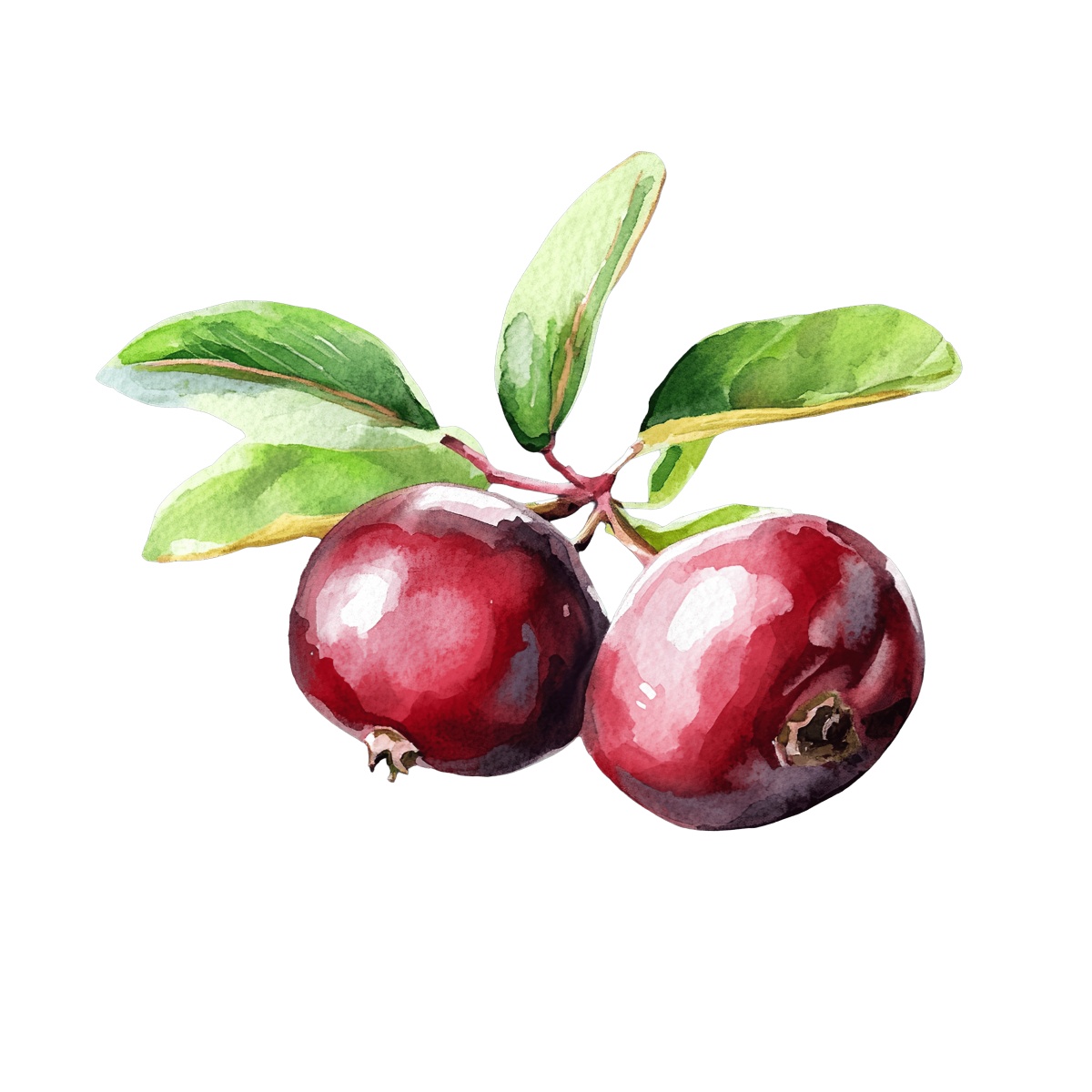 Watercolor cranberries with green leaves on a branch, detailed art.