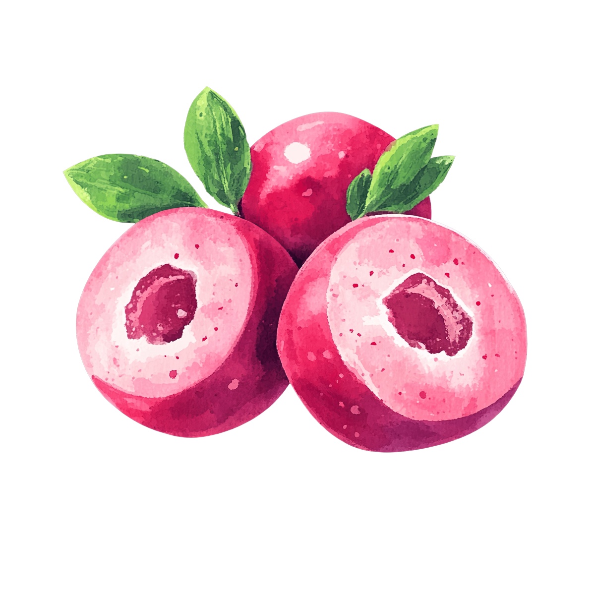 Watercolor cranberries with green leaves.
