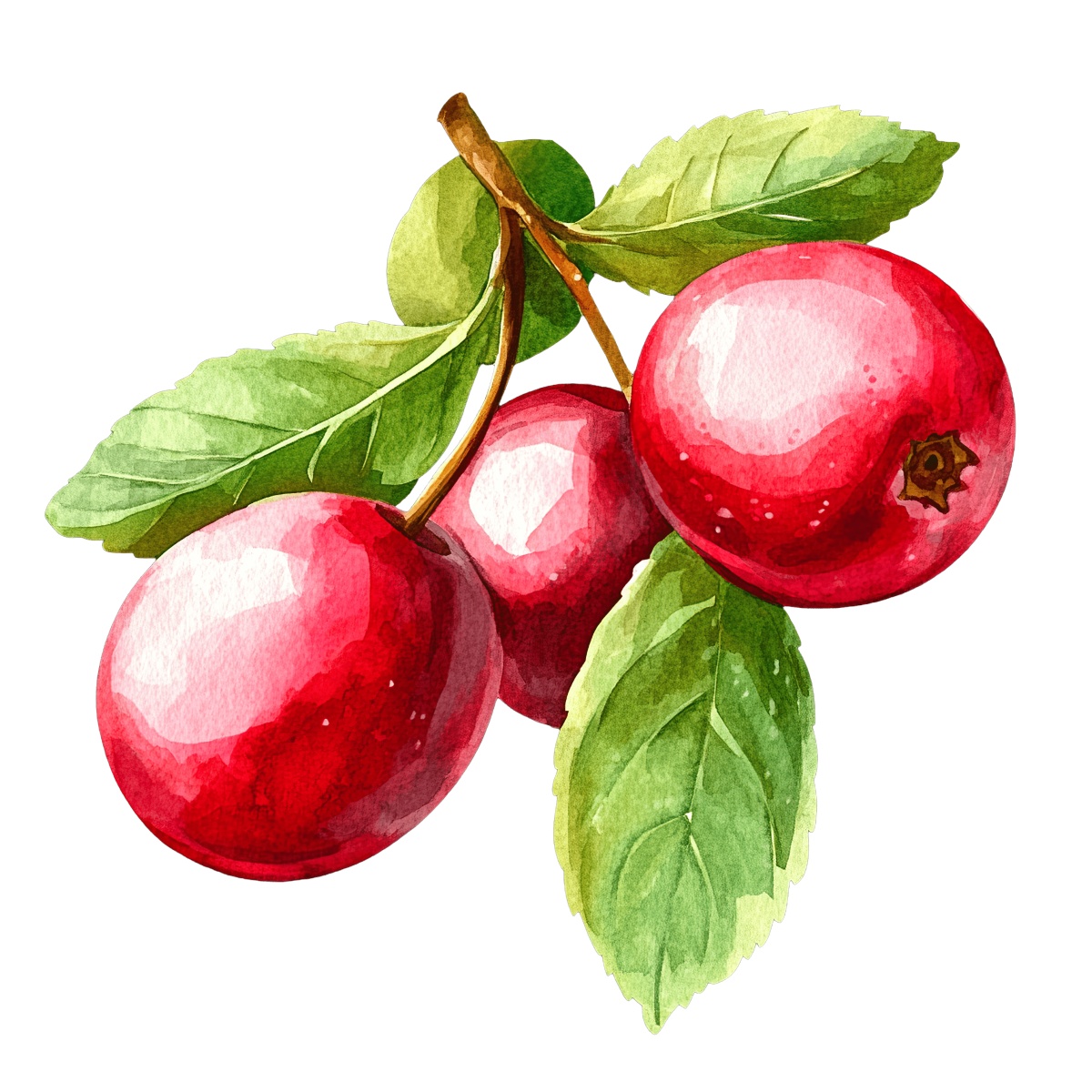 Watercolor cranberries with green leaves on a branch.