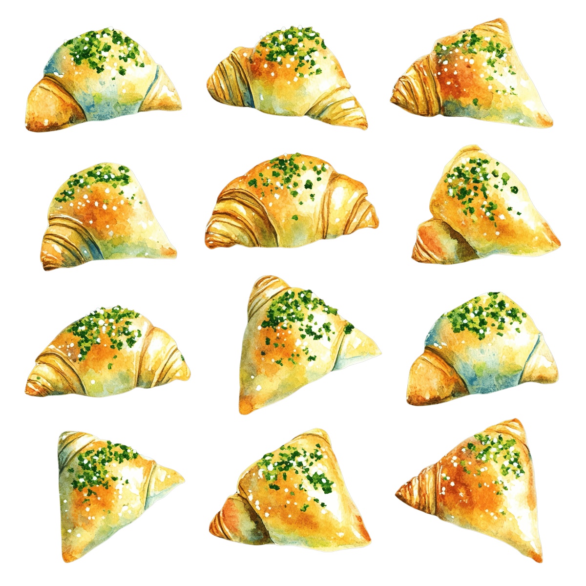 Watercolor croissants and pastries with herb toppings.