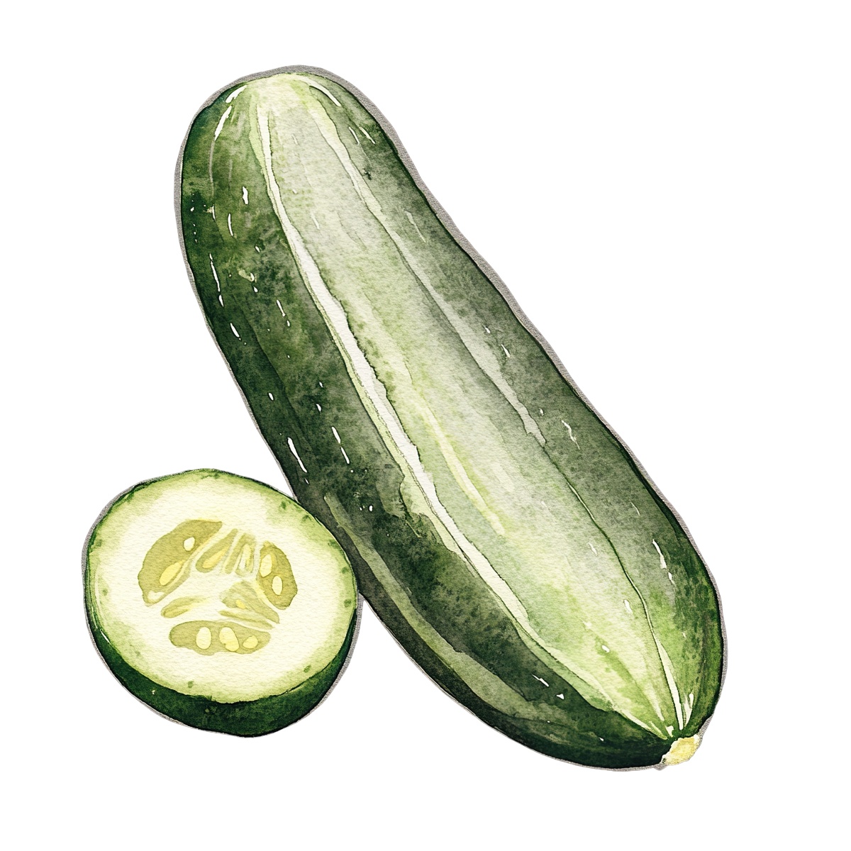 Watercolor art of a whole cucumber and a sliced piece.