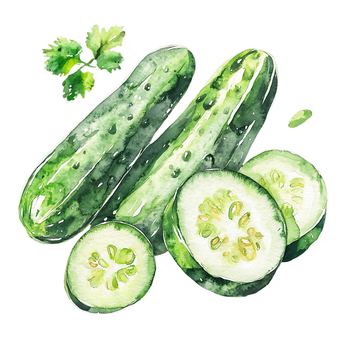 Watercolor cucumbers with cilantro leaves and sliced pieces.