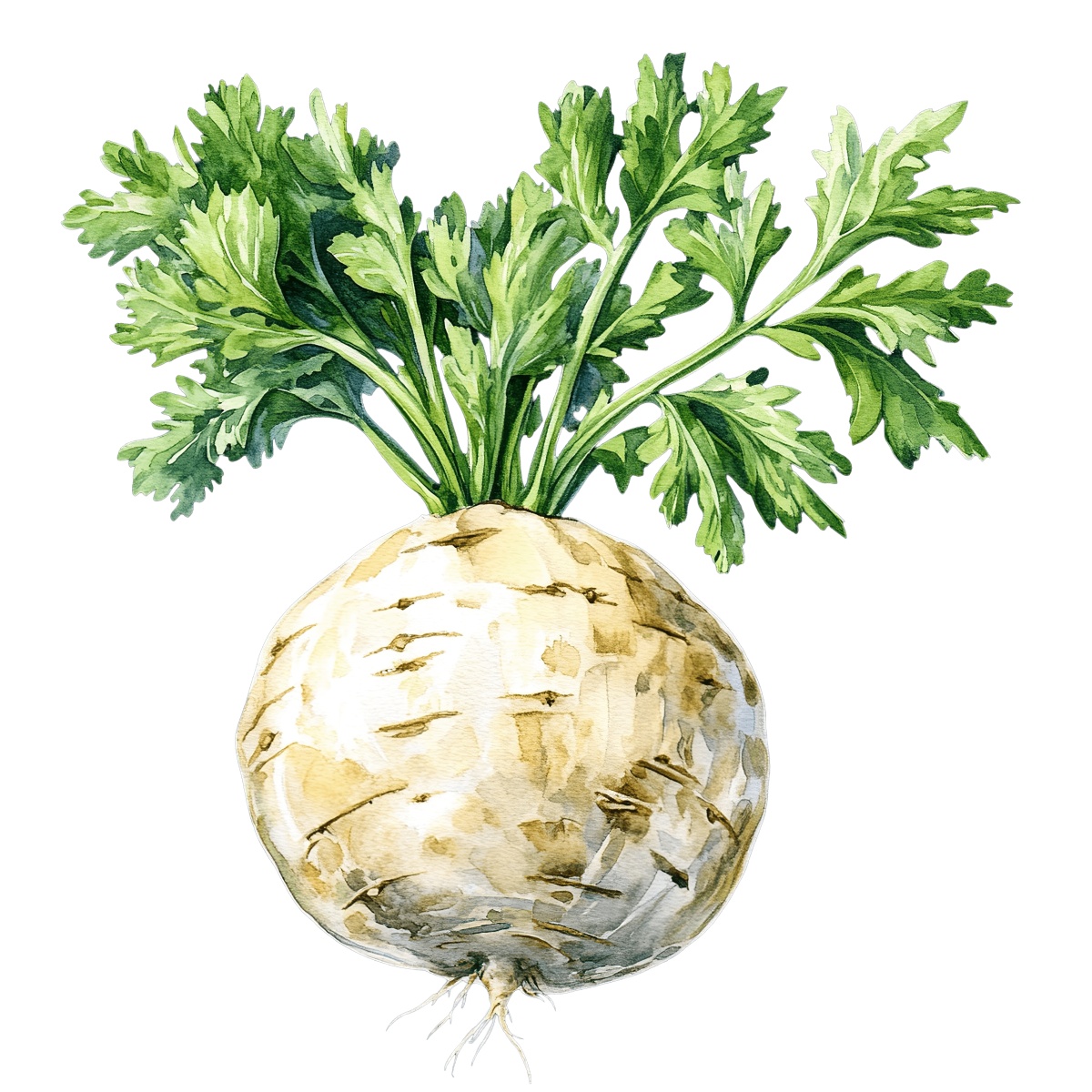 Watercolor root vegetable with green leaves.