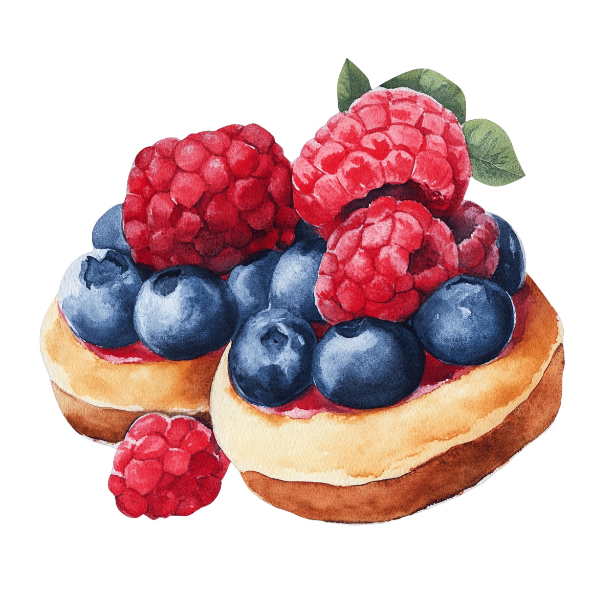 Watercolor donuts with raspberries, blueberries, and green leaves on top.