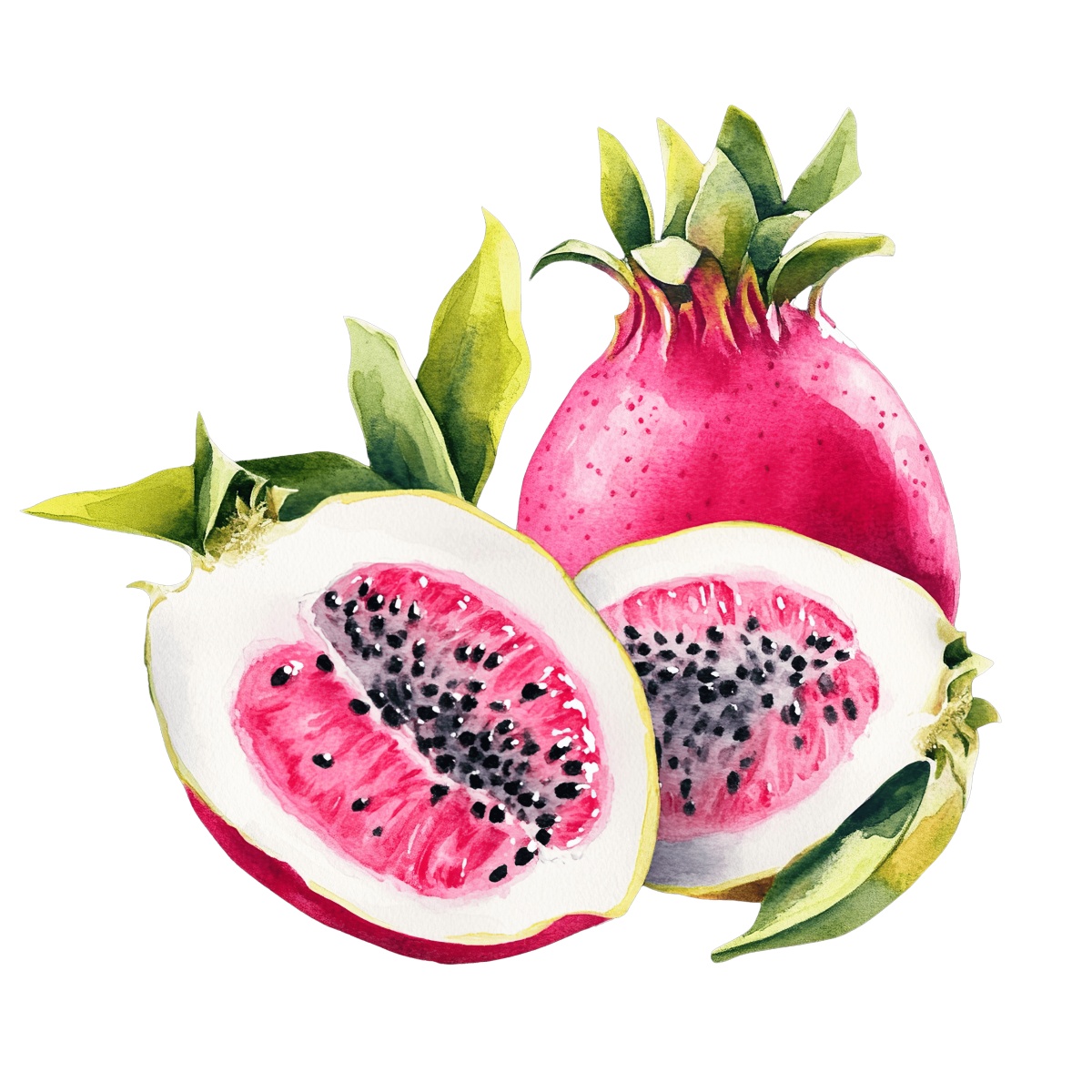 Watercolor dragon fruit with halved sections and green leaves.