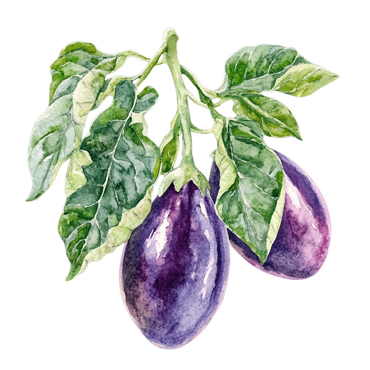 Watercolor eggplant with green leaves.